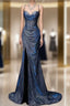 Classy Mermaid Spaghetti Straps Navy Blue Sequin Long Evening Gowns Formal Prom Dresses