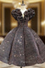 Coffee Ball Gown Sequins V-neck Short Tea Length Formal Prom Dresses
