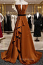 Coffee Satin Strapless Pleats Formal Prom Dresses With Split