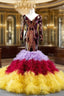 Colorful Mermaid Sequins Tulle Long Sleeve V-neck Formal Prom Dresses