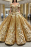 Come In a Wide Variety Of On-Trend Styles, Gold Ball Gown Sequins Off the Shoulder Appliques Formal Prom Dresses