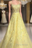 Custom Made Backless Yellow Lace Floral Long Formal Prom Dress, Yellow Lace Formal Graduation Evening Dress