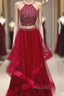 Custom Made Red Two Pieces Sequin Long Formal Prom Dresses, Evening Dresses