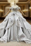 Custom Tailored Gray Ball Gown Tulle Off the Shoulder Appliques Wedding Dresses