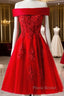 Cute A Line Off Shoulder Short Red Lace Formal Prom Dresses, Short Red Bridesmaid Dresses, Graduation Dresses
