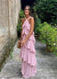 Cute A Line Straps Tiered Chiffon Long Formal Prom Dresses, Pink Bridesmaid Dresses