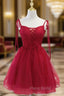 Cute Burgundy Tulle Lace Short Formal Prom Dresses, Lace Burgundy Puffy Homecoming Dresses