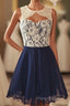 Cute Dark Navy Homecoming Dresses Lace Open Back Short Formal Dresses