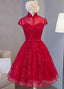 Cute Lace Short Cap Sleeves Homecoming Dresses, Red Short Party Dresses