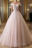 Cute Light Pink Tulle Flowers Off Shoulder Party Dresses, Sweet 16 Gown