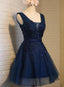 Cute Navy Blue Knee Length Lace Applique Party Dresses, Homecoming Dresses