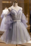 Cute Off Shoulder Tulle And Lace Straps Homecoming Dresses, Short Formal Prom Dresses