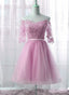 Cute Pink Knee Length Short Sleeves Party Dresses, Tulle Formal Prom Dresses