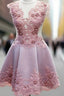 Cute Pink Lace Short Formal Prom Dresses, Homecoming Dresses