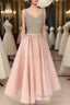 Cute Pink Sequin Tea-Long Formal Prom Dresses, Pink Sequin Formal Dresses For Teens