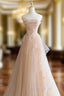 Cute Pink Strapless Tulle Long Formal Dresses with Flowers, Pink Tulle Formal Prom Dresses