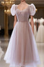 Cute Pink Tulle Short Sleeves Knee Length Homecoming Dresses, Cute Pink Formal Prom Dresses