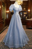 Cute Shiny Tulle Long Formal Prom Dresses, A-Line Short Sleeve Evening Party Dresses