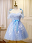 Cute Short Blue Lace Formal Prom Dresses, Short Blue Lace Formal Graduation Dresses