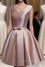 Cute Short Satin Pink V-neckline Knee Length Party Dresses, Pink Formal Prom Dresses Homecoming Dresses