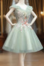 Cute Short Tulle V-Neckline With Flower Lace Party Dresses Homecoming Dresses, Short Formal Dresses