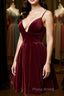 Cute V Neck Backless Burgundy Velvet Short Formal Prom Homecoming Dress, Backless Maroon Formal Graduation Evening Dress