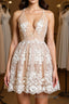 Cute V Neck Backless Pink Lace Appliques Short Formal Prom Dress, Pink Lace Formal Graduation Homecoming Dress
