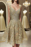 Cute V Neck Golden Lace Short Formal Prom Dresses, Golden Lace Homecoming Dresses, Golden Formal Evening Dresses