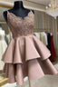 Cute V-Neck Lace Short Formal Prom Dresses, A-Line Spaghetti Straps Homecoming Dresses