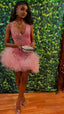 Cute V Neck Pink Short Homecoming Dress and Bottom Tulle Ruffles,Pink Birthday Outfit Dress
