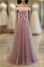 Pink A Line Off Shoulder Floor Length Formal Prom Dresses, Lace Evening Dresses