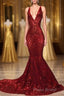 Red Sequins Shiny V-Neck Mermaid Long Formal Prom Dresses
