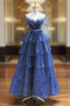Dark Blue A Line Strapless Beaded Tulle Long Senior Formal Prom Dresses Evening Party Dresses