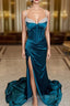 Dark Blue Mermaid Satin Spaghetti Straps Beading Formal Prom Dresses