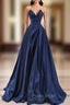 Dark Blue Satin Strapless Formal Prom Dresses