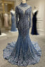 Dark Blue Tulle Mermaid Beading Formal Prom Dresses