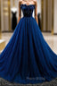 Dark Blue Tulle Velvet Beading Strapless Formal Prom Dresses