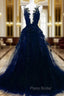 Dark Blue Tulle With Lace Long Evening Dresses, A-line Dark Blue Formal Prom Dresses