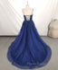Dark Blue V Neck Tulle Lace Long Formal Prom Dresses Blue Lace Bridesmaid Dresses