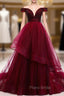 Dark Burgundy Tulle Off the Shoulder Beading Formal Prom Dresses