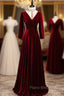 Dark Burgundy Velvet High Neck Long Sleeve Formal Prom Dresses
