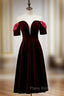 Dark Burgundy Velvet Short Sleeve Tea Length Formal Prom Dresses