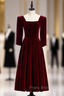 Dark Burgundy Velvet Square Half Sleeve Tea Length Formal Prom Dresses