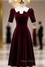 Dark Burgundy Velvet Square Short Sleeve Short Formal Prom Dresses
