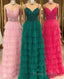 Dark Green A-Line Tiered Tulle Long Formal Prom Dresses with Lace
