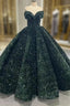 Dark Green Ball Gown Sequins Off the Shoulder Formal Prom Dresses