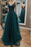 Dark Green Lace Beaded Long Formal Prom Dresses, V Neck Backless Formal Dresses