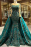 Dark Green Mermaid Long Sleeve Appliques Beading Formal Prom Dresses