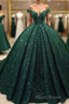 Dark Green Off the Shoulder Ball Gown Sequined Quinceanera Dresses