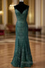 Dark Green Formal Prom Dresses, Trumpet/Mermaid V Neck Spaghetti Straps Long/Floor-Length Tulle Formal Prom Dresses With Appliqued Beading